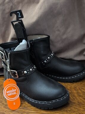 Wonder Nation Black Studded Buckle Ankle Boots Sz 2 Girls